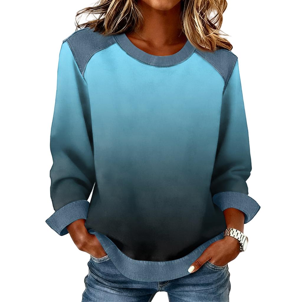 Felpa Casual da Donna con Collo in Denim Patchwork e Cuciture, Maglia a Manica Lunga