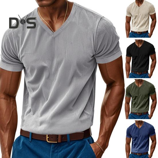 Tricou bărbătesc din velur cu decolteu în V Tricou din tricot cu nervuri pentru bărbați Tricou cu mânecă scurtă Casual Top business pentru muncă, vacanță, stradă