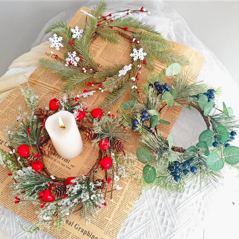 New berry pine candle holder wreath pine cone snowflake Christmas candle rattan home decoration