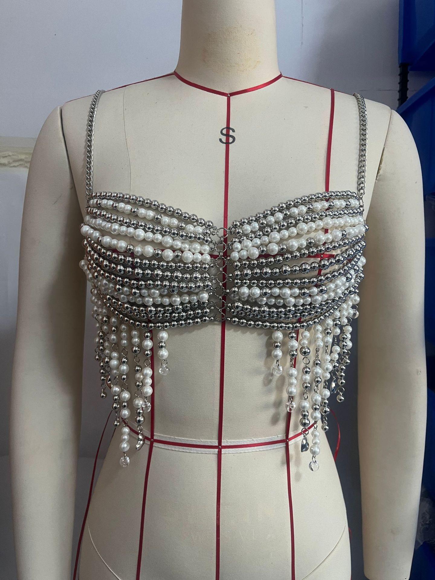Woman Sexy Bikini Cover Crop Tops Beaded Bra Chain Patchwork Sling Vest Clothing Women Body Bralette Chest Chain Beach Wear