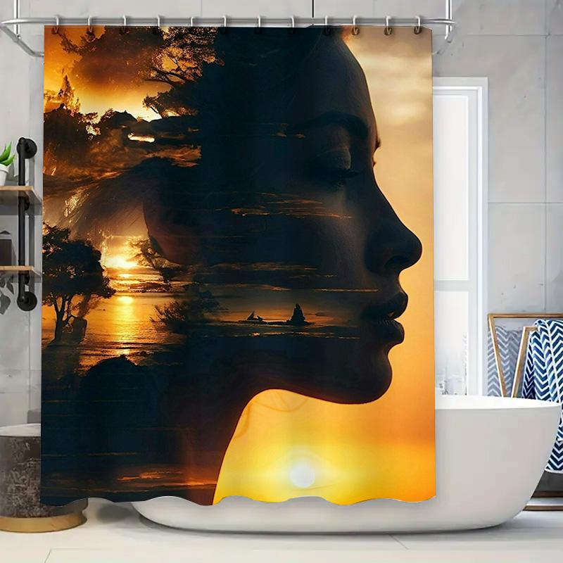 Surreal Face With Sunset Landscape Shower Curtain - Waterproof, Mildew-Resistant, Machine Washable Artistic Bathroom Decor