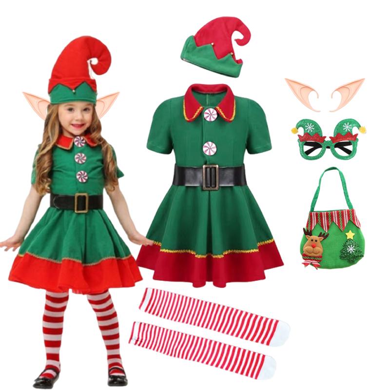 Girl Boy Christmas Elf Costumes Santa Claus Suit Festival Adult Family Halloween Cosplay Sets Green Elves Clothes