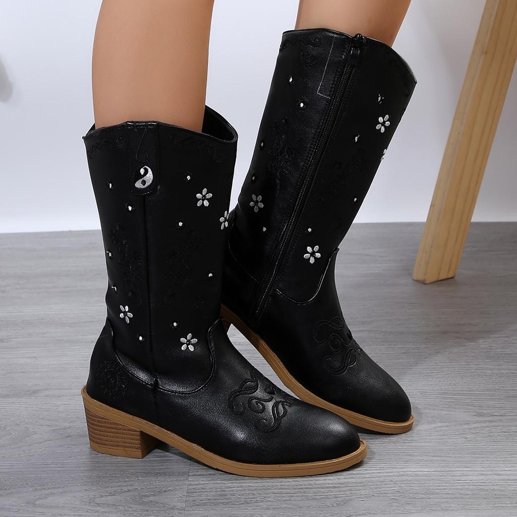 Fashion Aphixta Flower Dec Pointed Toe Knee Boots Women Winter Shoes Side Zip Square Heels Women Boots Big Size 43