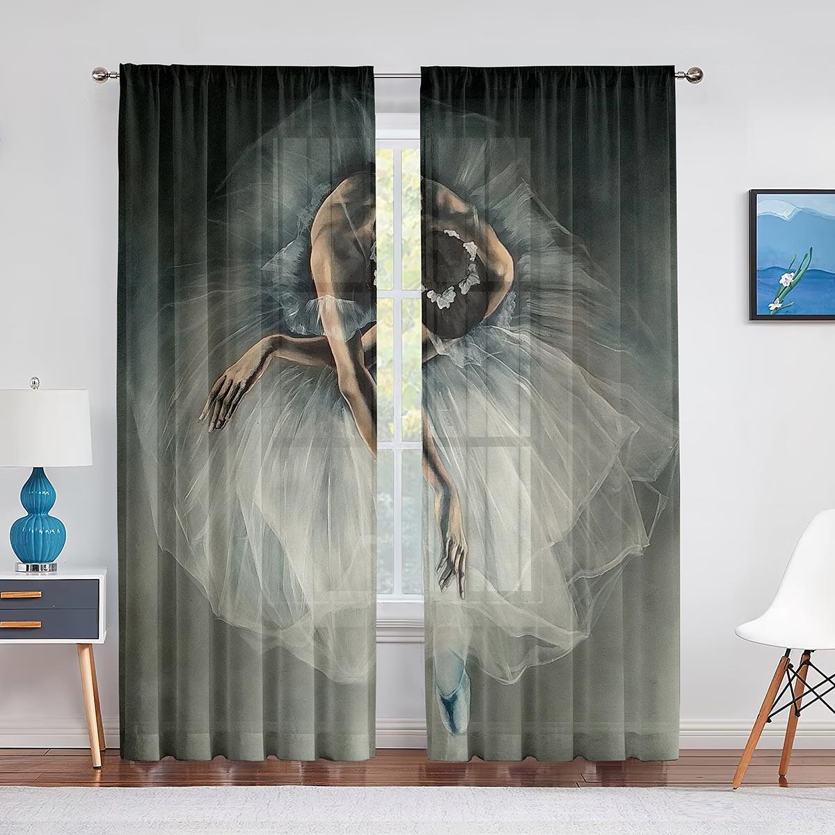 Retro Ballerina Dansen Klassieke Uitvoering Tule Gordijn voor Woonkamer Decoratie Chiffon Transparant Voile Keuken Slaapkamer Gordijn 1 PCS W600XH250cm&Grommet Top