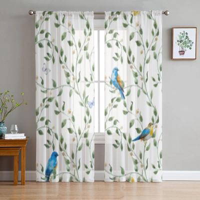 Watercolor Flowers And Birds Tulle Sheer Curtains for Living Room the Room Bedroom Kitchen Decoration Voile Organza Curtains