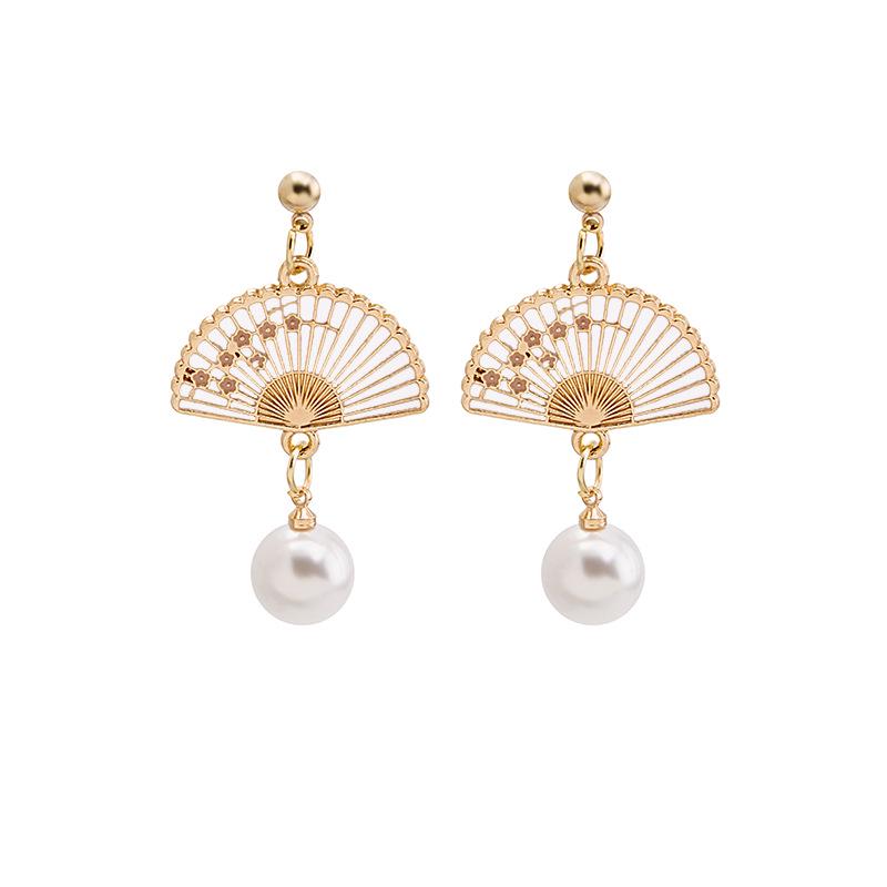 Vintage Japanese & Korean Tassel Pearl Clip-on Earrings with Floral Fan Design