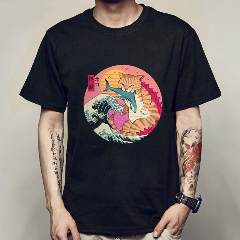 New Fashion Summer Mens T Shirt Casual Short Sleeve Samurai Cat Print Anime Tshirt Men Women Japanese Neko Sushi Wave Tops