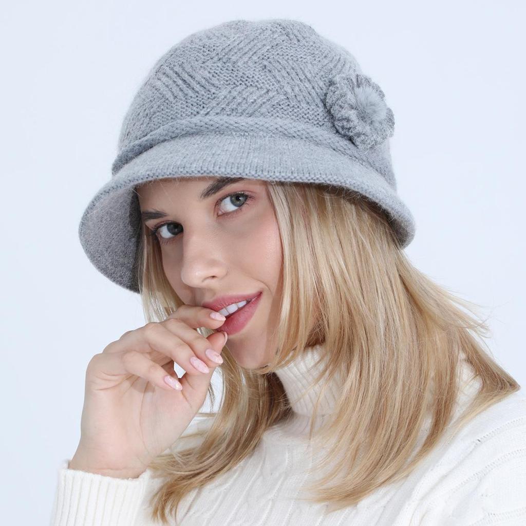Chapeau en laine pour femmes, automne et hiver, fleur, mère, lapin, Pot, peluche, épaissi, maintien au chaud