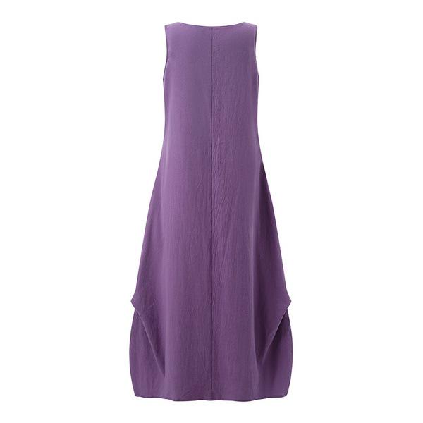 Abito estivo da donna taglie forti Abito in lino di cotone con orlo largo ampio e casual Abiti tascabili con scollo rotondo in tinta unita