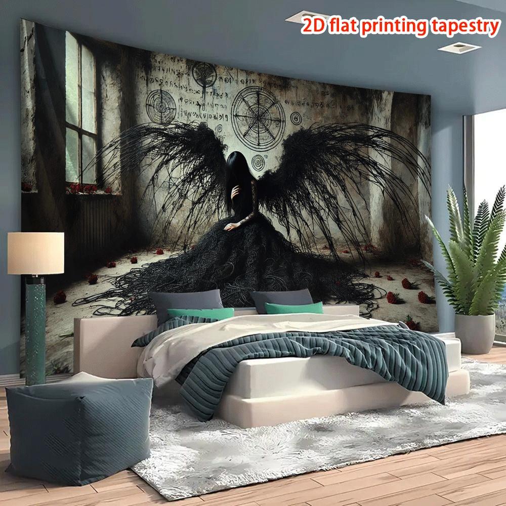 Gothic Fallen Angel Wall Hanging Tapestry, Dark Occult Symbol Art Decor Fabric, Unique Mysterious Ornament For Home Room