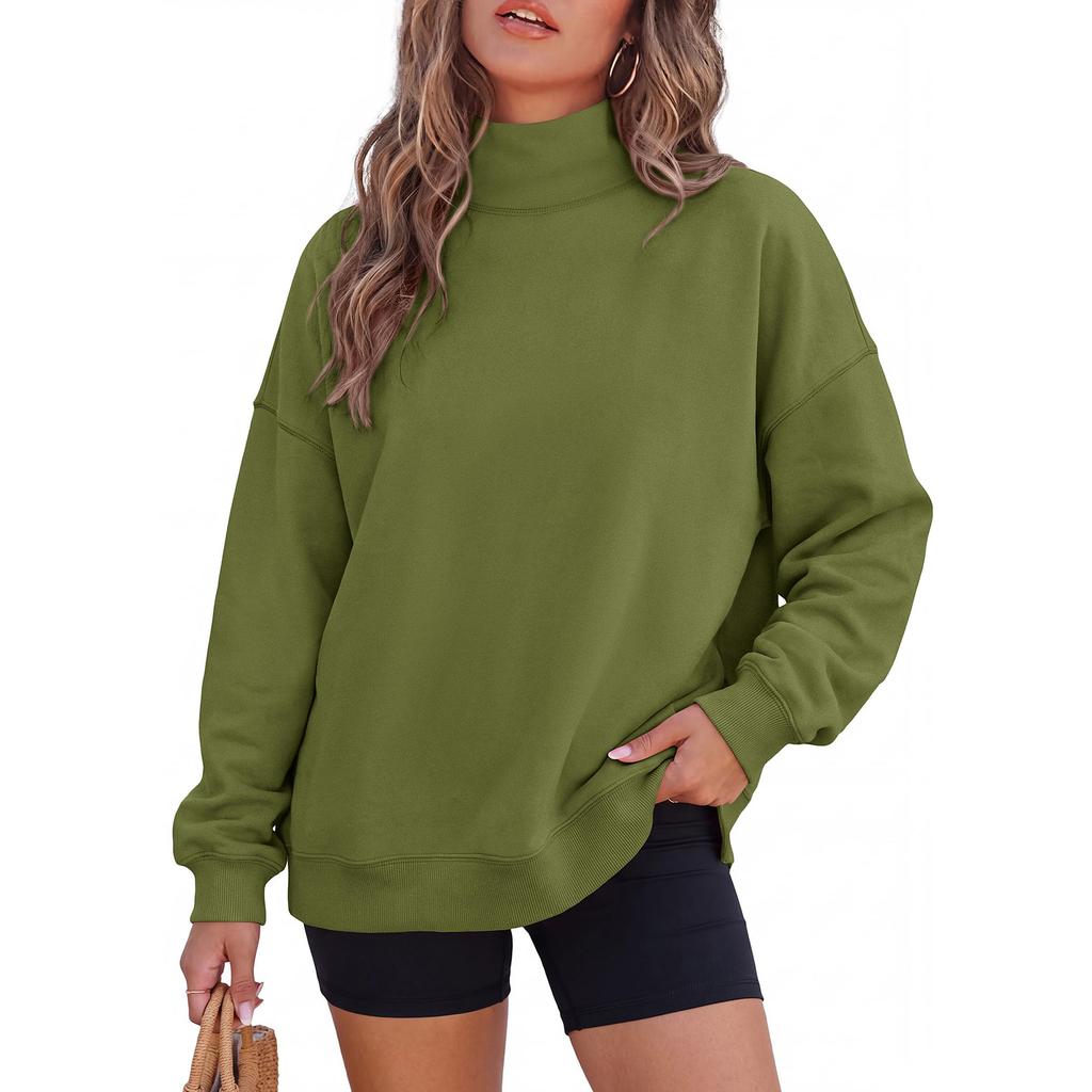 Modischer High-Neck-Hoodie für Damen, locker geschnitten, mit tief angesetzten Schultern, geschlitztem Saum und Taschen