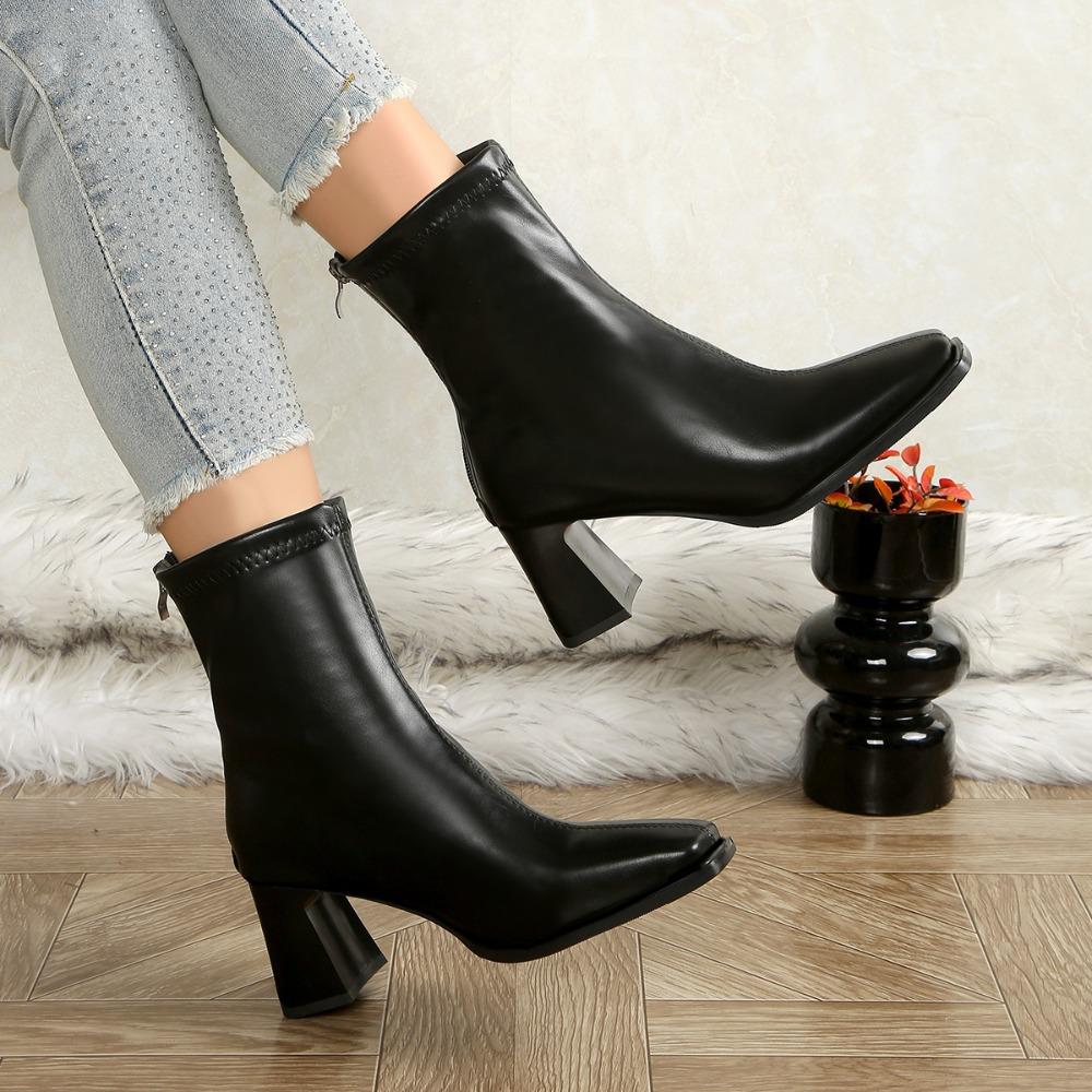 Elegant Square Toe Block Heel Ankle Boots For Women Leather Back Zipper Short Boots Woman Fashion High Heel Boots