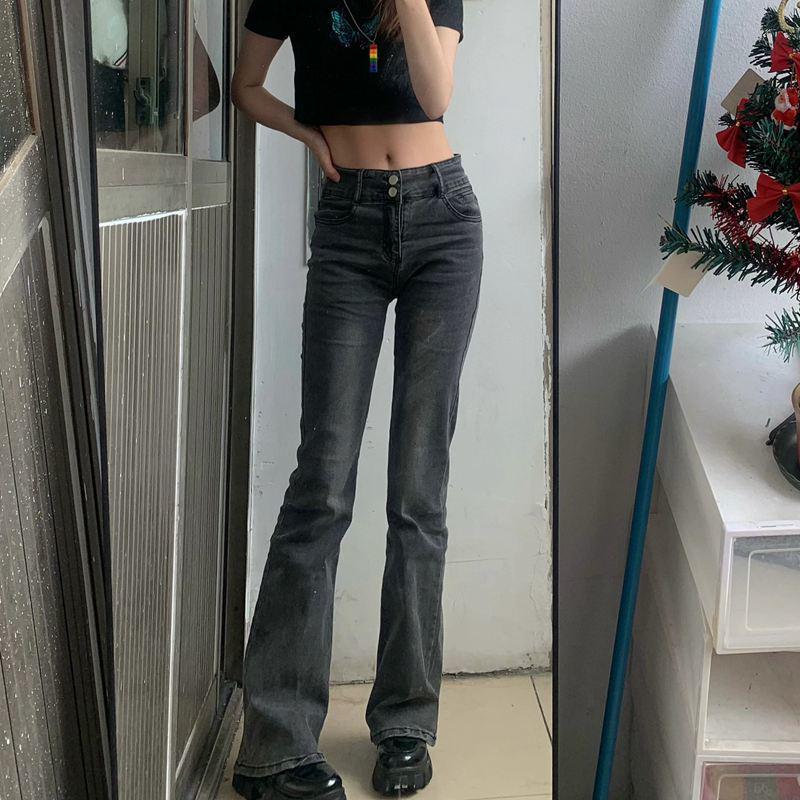 Women's Black & Grey High-Waisted Micro-Flare Jeans - Stretch, Slimming, Versatile Bell Bottom Pants for Autumn/Winter 2022