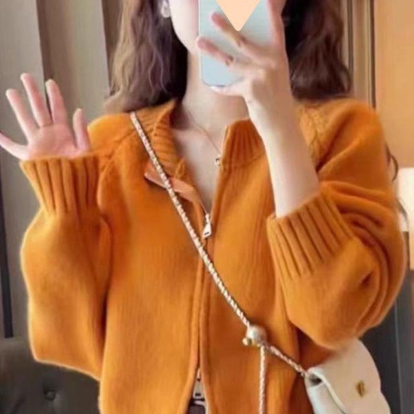 Women's 2026 Korean Style Double Zipper Fluffy Knit Cardigan - Solid Color Round Neck Autumn/Winter Outerwear