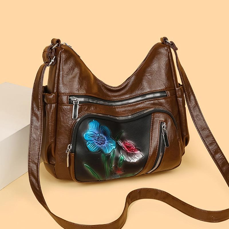 Flower Crossbody Bag Mittleren Alters Muttertasche Damen Weiches Leder Große Kapazität Umhängetasche