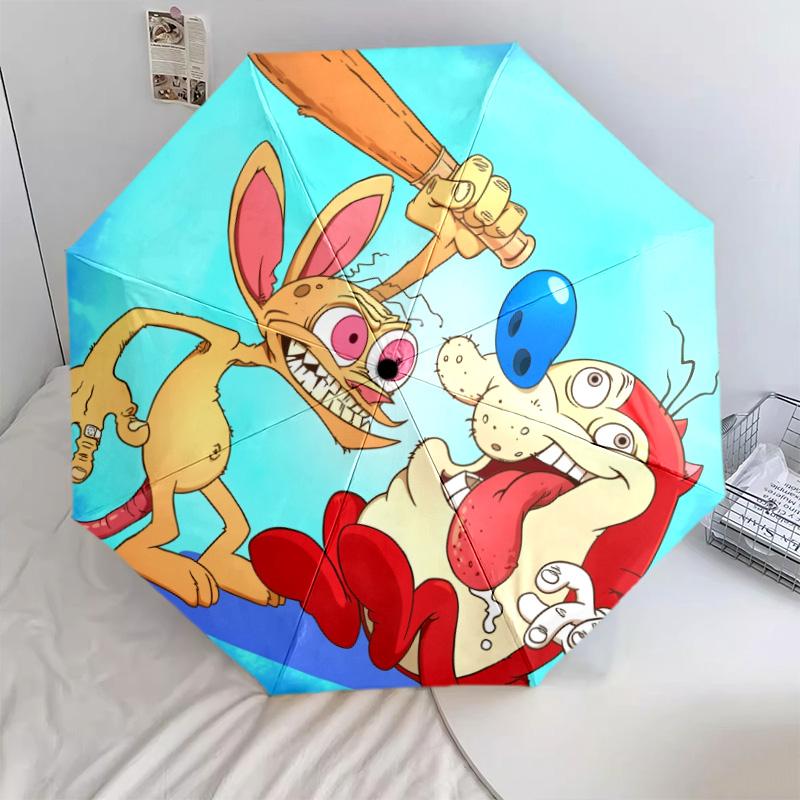 Ren and Stimpy pattern, automatic folding umbrella, portable and foldable design, 8 ribs, a Christmas or birthday gift.