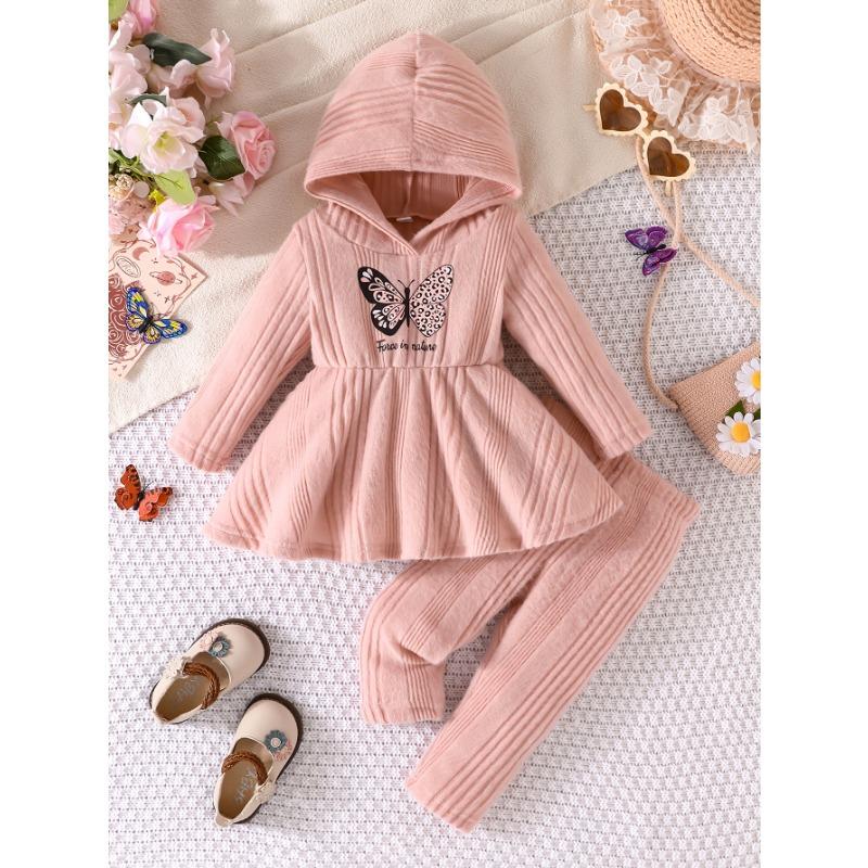 Two-Piece Girl Sweet and Gentle Spring/Autumn New Butterfly Print Letter Hoodie Sweatshirt and Pants Set, Perfect for Outdoor, Knit