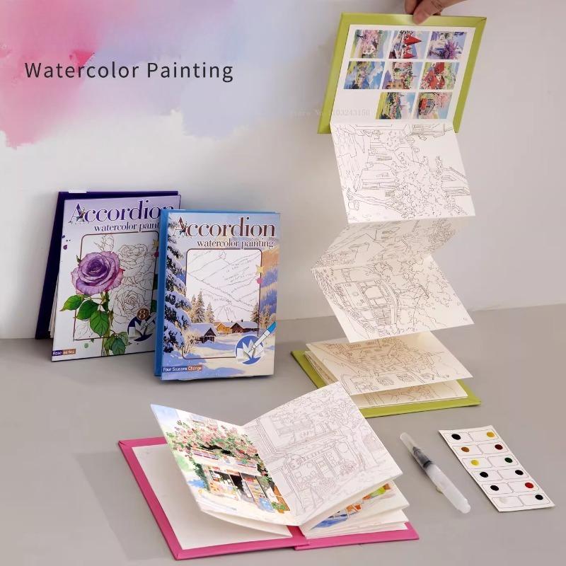 Folded Watercolor Coloring Line Drawing Book Comes with Paints Brushes Notebook Beginners Coloring Doodle Copying Illustrations
