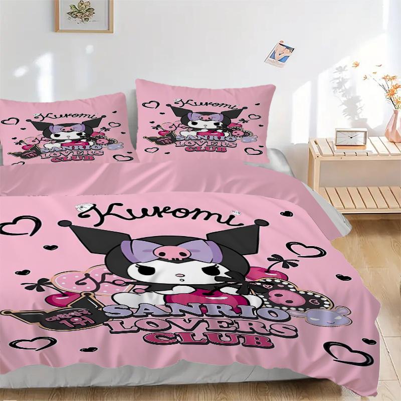 

3 шт. Комплект постельного белья с рисунком Kuromi Sanrio Lovers Club, 1* Пододеяльник + 2* Наволочки, Печатный Комплект постельного белья, Мягкий и Удобный. S051 135x200cm
