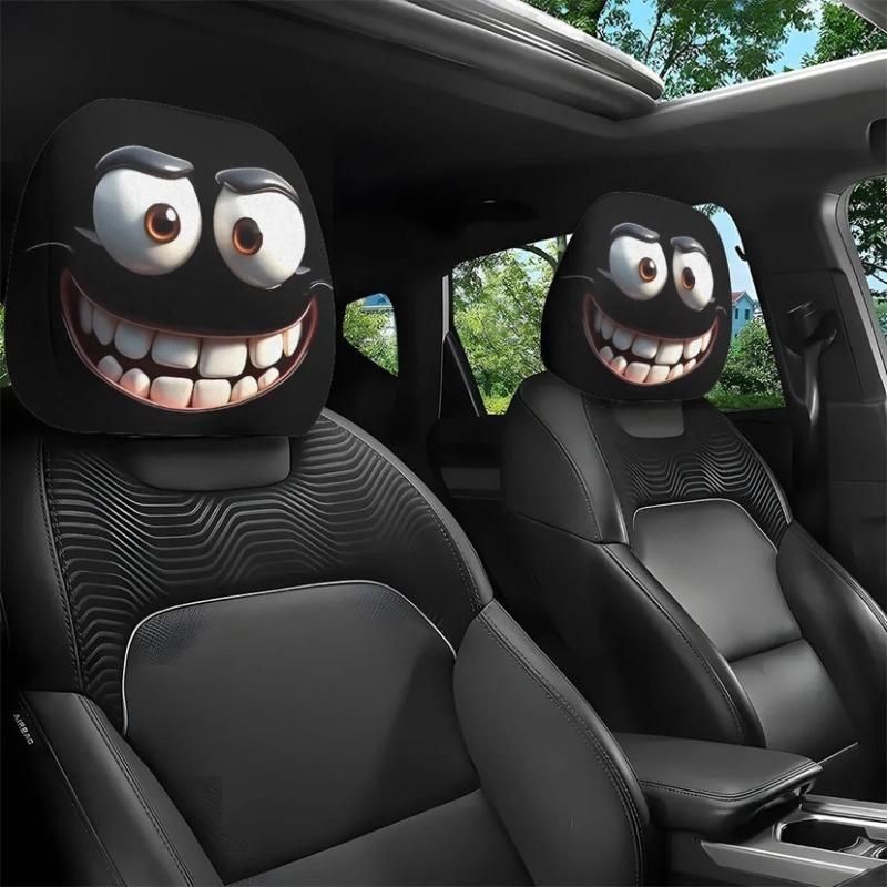 2PCS Car Seat Headrest Cover Halloween Decoration Black Skull Print Stretchy Spooky Fun Head Cover Mask Car Accessories