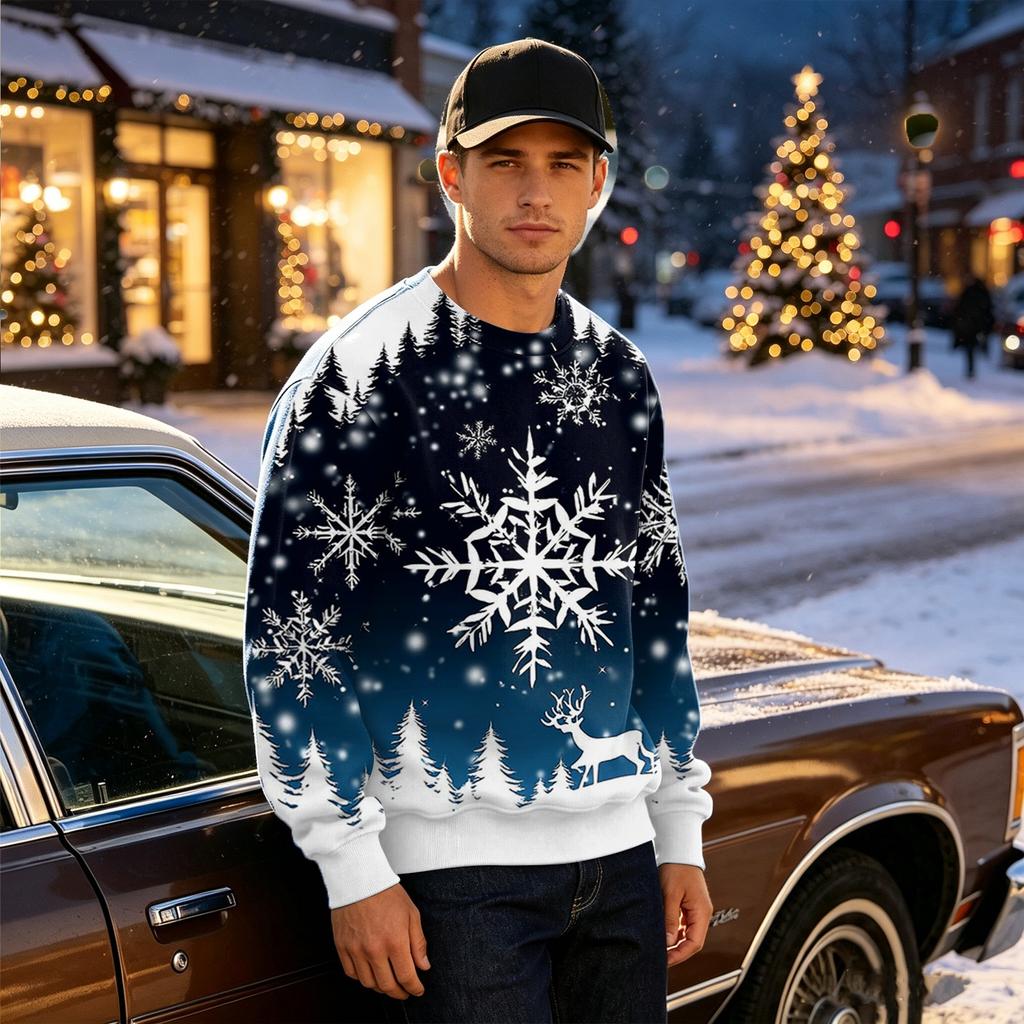 Men's Casual Loose Fit Printed Neck Long Sleeve T-Shirt for Daily Wear