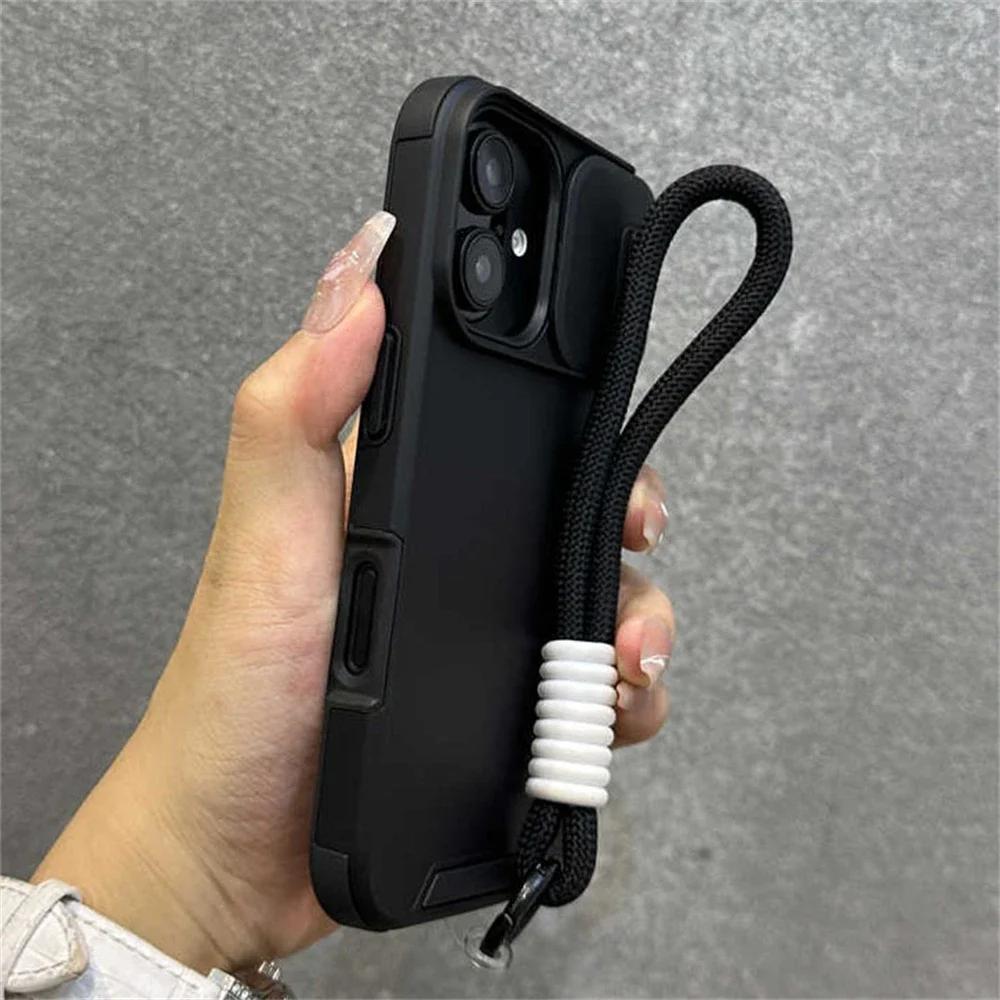 Pouzdro Armor s posuvným okénkem, ochranou, šňůrkou na zápěstí pro iPhone 17 Air 16 15 13 12 11 14 Pro Max, jednobarevný nárazník, kryt se šňůrkou