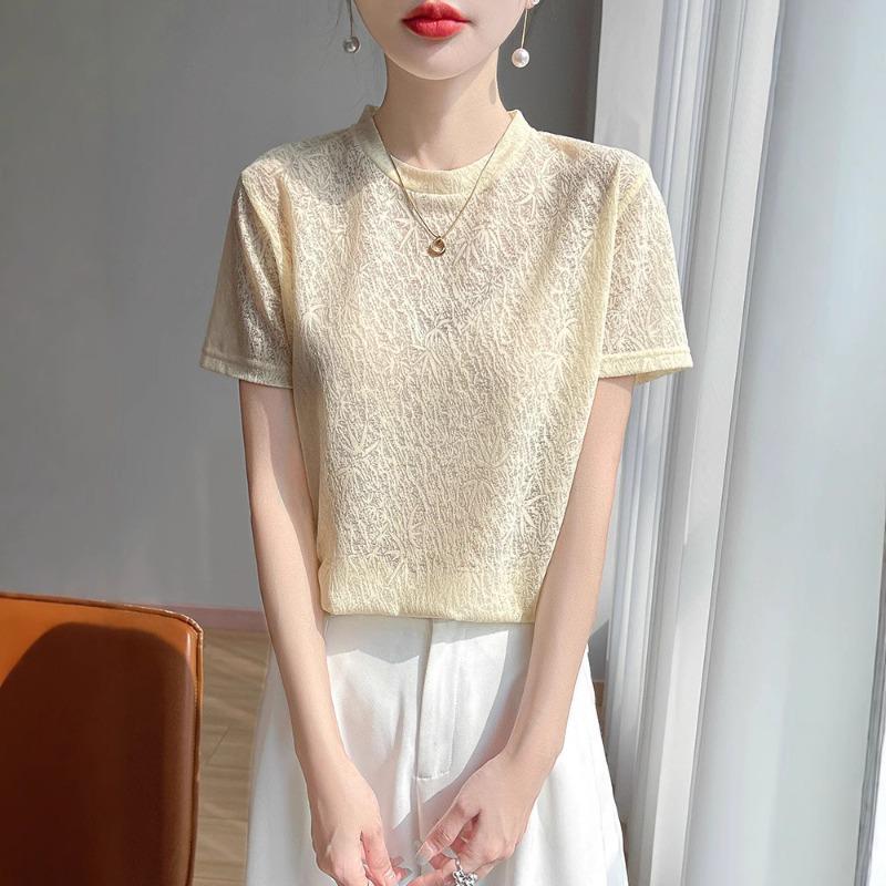 Új nyári stílus Jacquard Tencel kötött rövid ujjú női kerek nyakú kötött póló