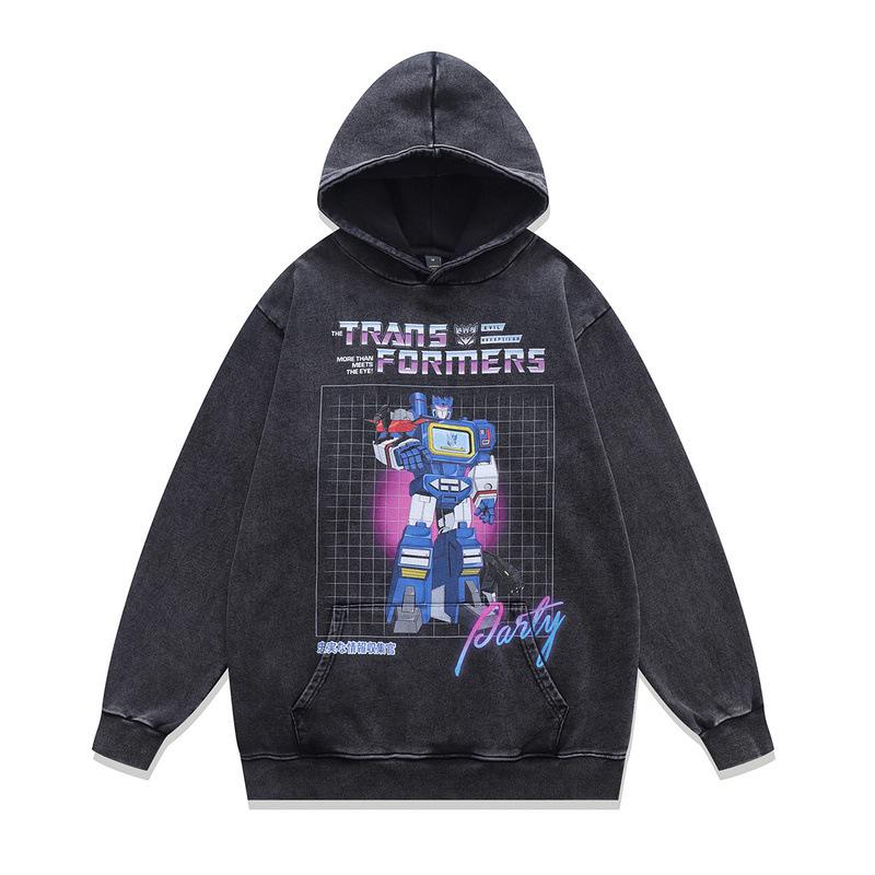 American Street Retro Trendy Brand Hoodie Cartoon Print Washed Old Loose Hooded Sweater Men