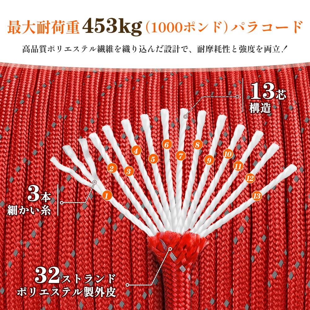 X XBEN Paracord Guy Rope, 4mm, Reflective, 13-Core Reinforced, 450kg Weight Capacity, 30M Roll, Multi-Purpose Camping Rope, Ideal for Outdoor