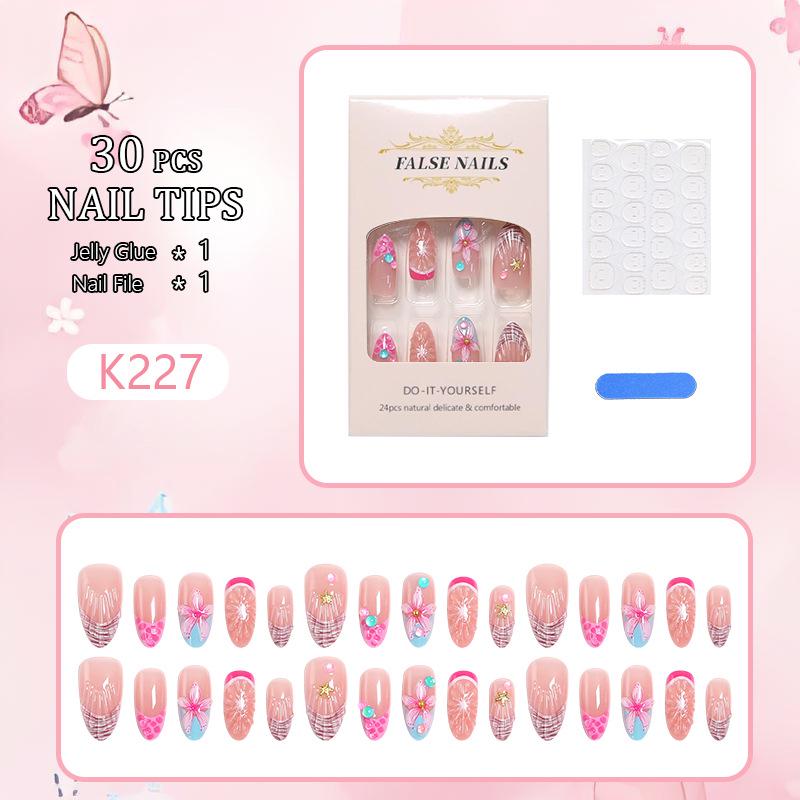3D Rhinestone Flower Almond Shaped Wearable Nails with Pearls and Shells