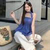 Pure desire wind neck blue plaid pleated suspender vest women's summer Korean retro chic streamer waist top
