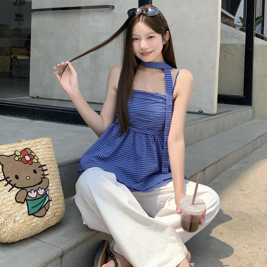 Pure desire wind neck blue plaid pleated suspender vest women's summer Korean retro chic streamer waist top