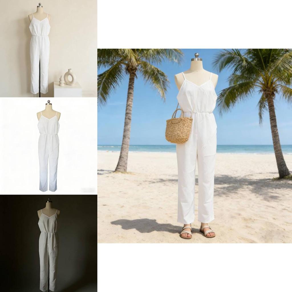 Cotton Wide Leg Jumpsuit With Deep V Neck Back Tie For Casual Streetwear Women