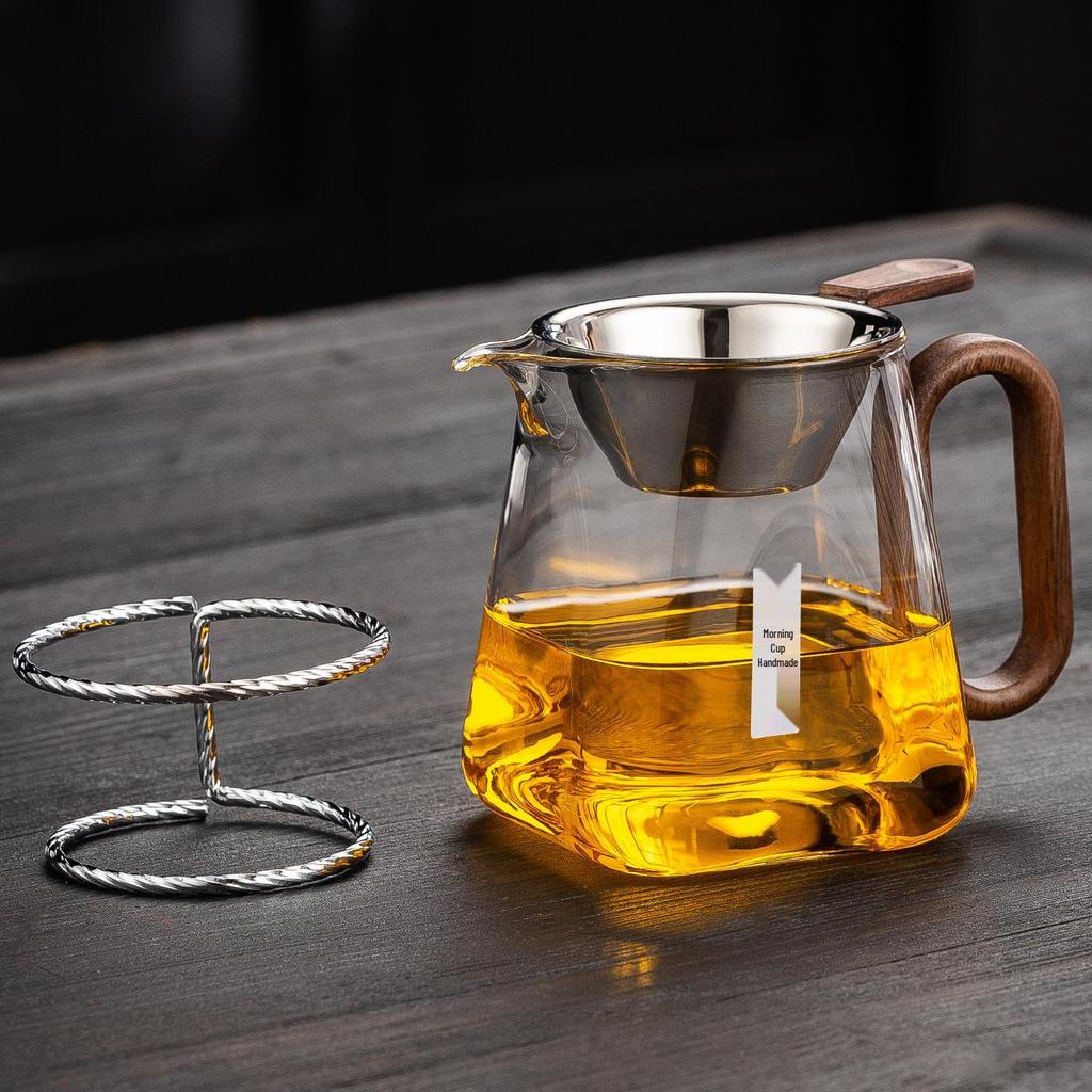 Wooden Handle Glass Gong Dao Bei: High-Temperature Resistant, Thickened Filter Tea Infuser Cup Set
