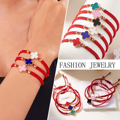 Fashion Lucky Four-Leaf Clover Braided Bracelet Women Ins Style Niche Hundred With Pull-Out Adjustable Four-Leaf Flower Hand Rope