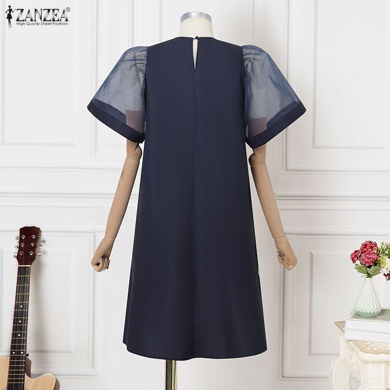 ZANZEA Women Casual Mesh Splice Short Sleeve Summer Floral Dress