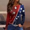 Women's Fashion Long Sleeve Top with Side Split Hem and Round Neckline Featuring Independence Day Print Suitable for Casual Wear