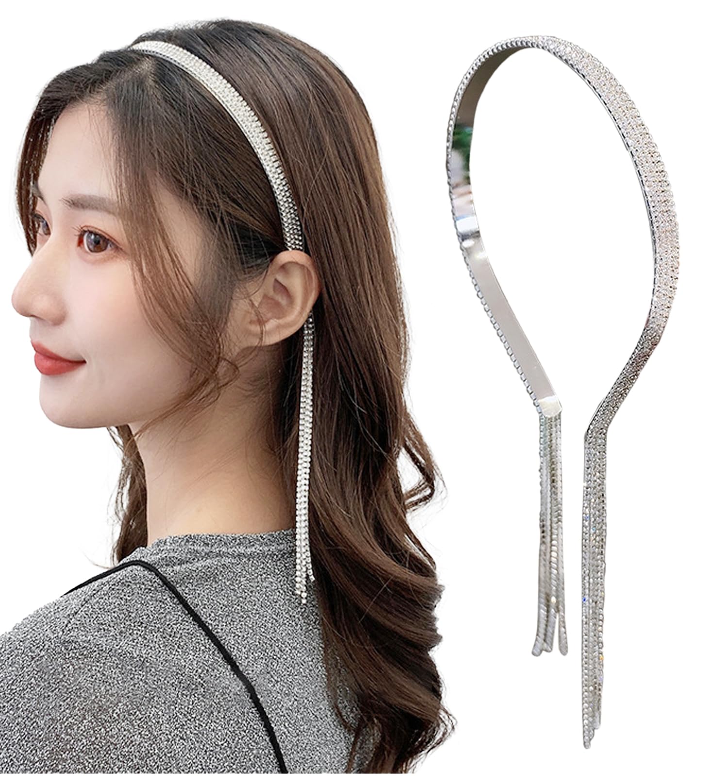 

Herbeluemily Rhinestone Tassel Pierced Earring Gorgeous Jeweled Headband Headband, Style, 4-Row HM-0047-R05-4L