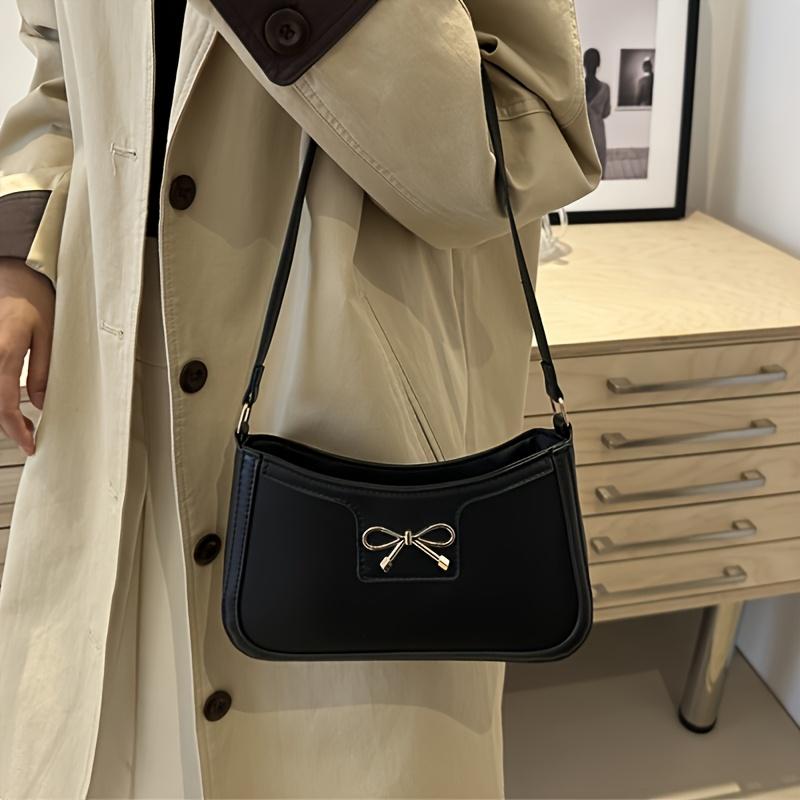 Solid Color Bowknot Shoulder Bag Elegant Compact Square Bag Suitable For Women Handbags Zipper Closure Fashion Underarm Bag
