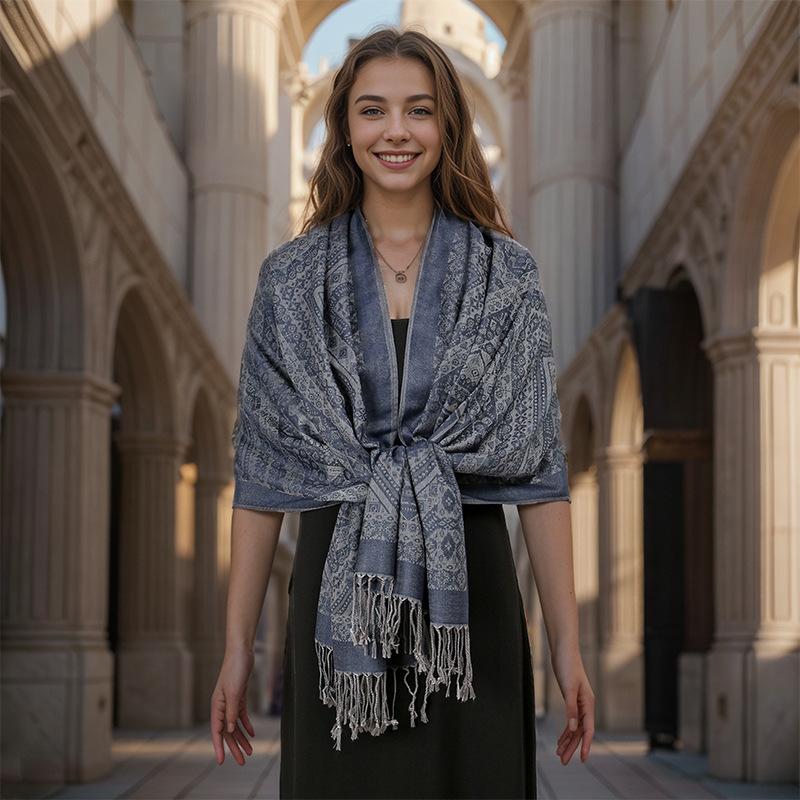 Jacquard Retro Ethnic Style Human Cotton Cashew Shawl Spring And Autumn Fringed Long Decorative Scarf