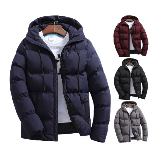 Winter Men Jacket Hooded Slim Fit Long Sleeve Drawstring Pockets Windbreaker for Daily Wear