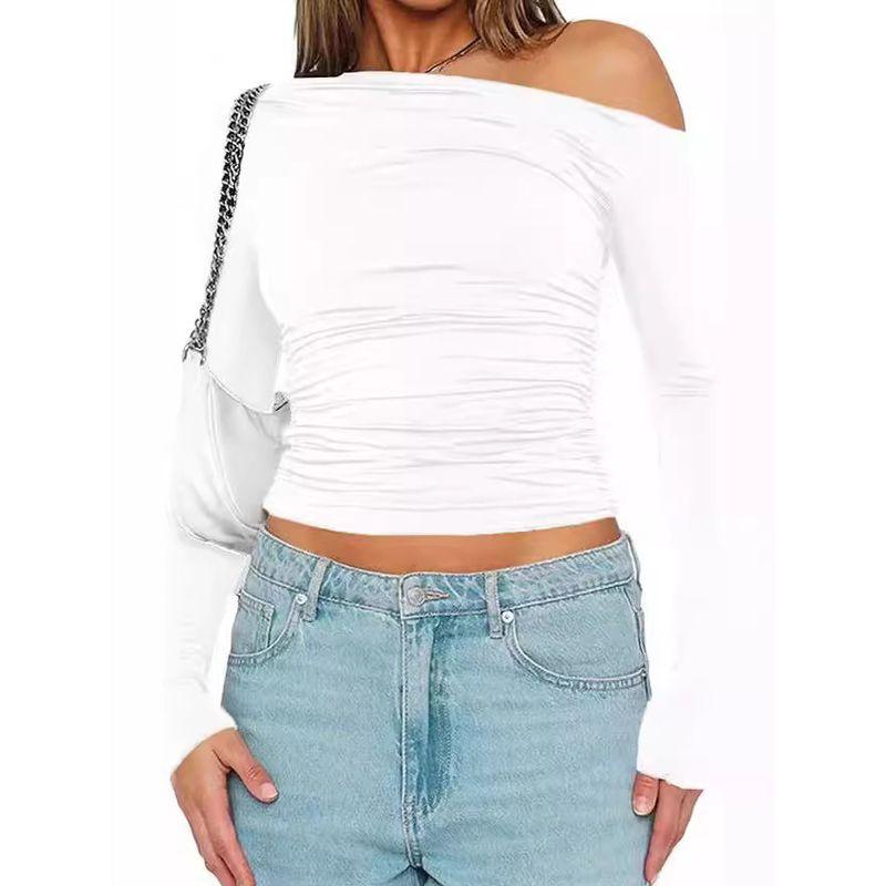 Solid Color Slanted Neck Long Sleeved Top Solid Diagonal Collar Long sleeve Top Women
