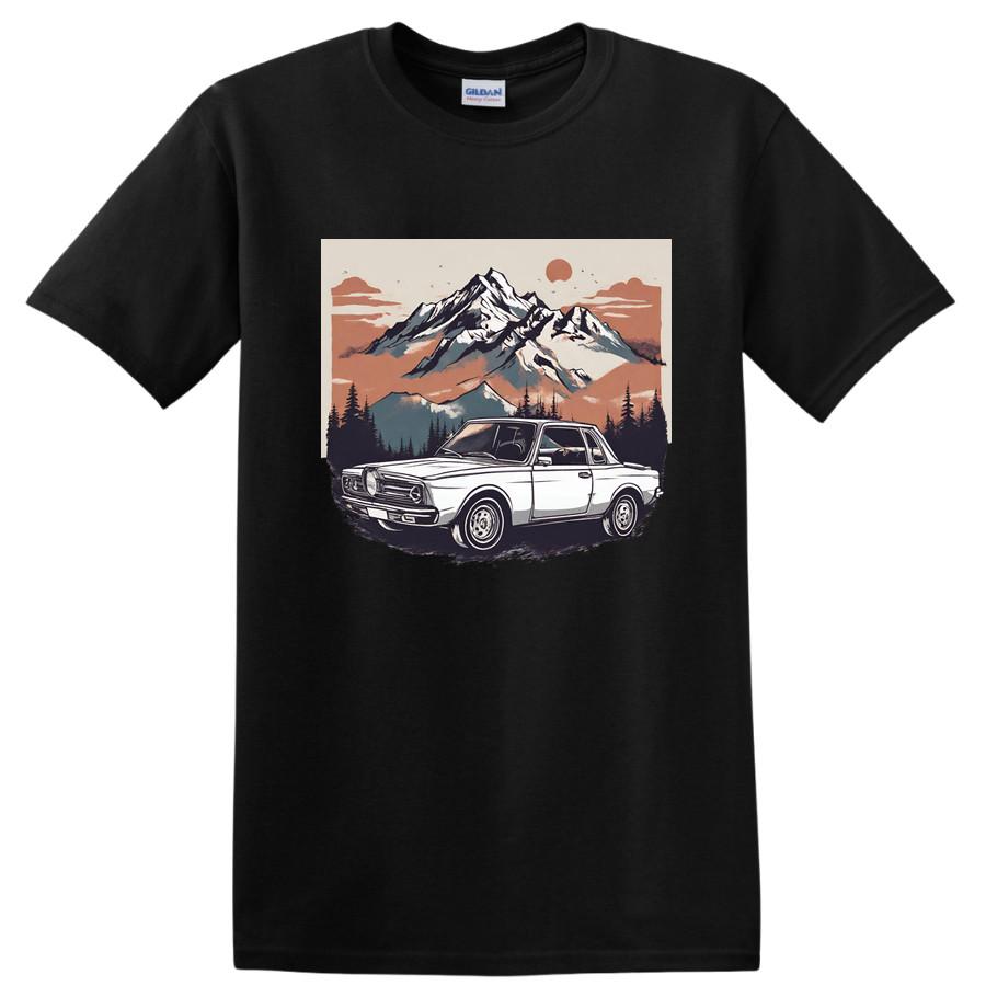 T-shirt Grafica Vintage Auto Avventura in Montagna Paesaggio per Amanti della Natura