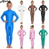 Children Girls Ballet Dance Gymnastics Leotard Long Sleeve Glossy Zipper Jumpsuit for Ice Skating Yoga Dancing Class Training
