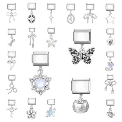 Glitter Bow Cat Butterfly Crab Star Flower Pendant Italian Charm Links Fit 9mm Stainless Steel Bracelet Women DIY Making Jewelry