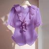 Western Style Ruffle Edge Patchwork Shirt, Summer New Style, Fashionable Purple, Loose and Slimming Top