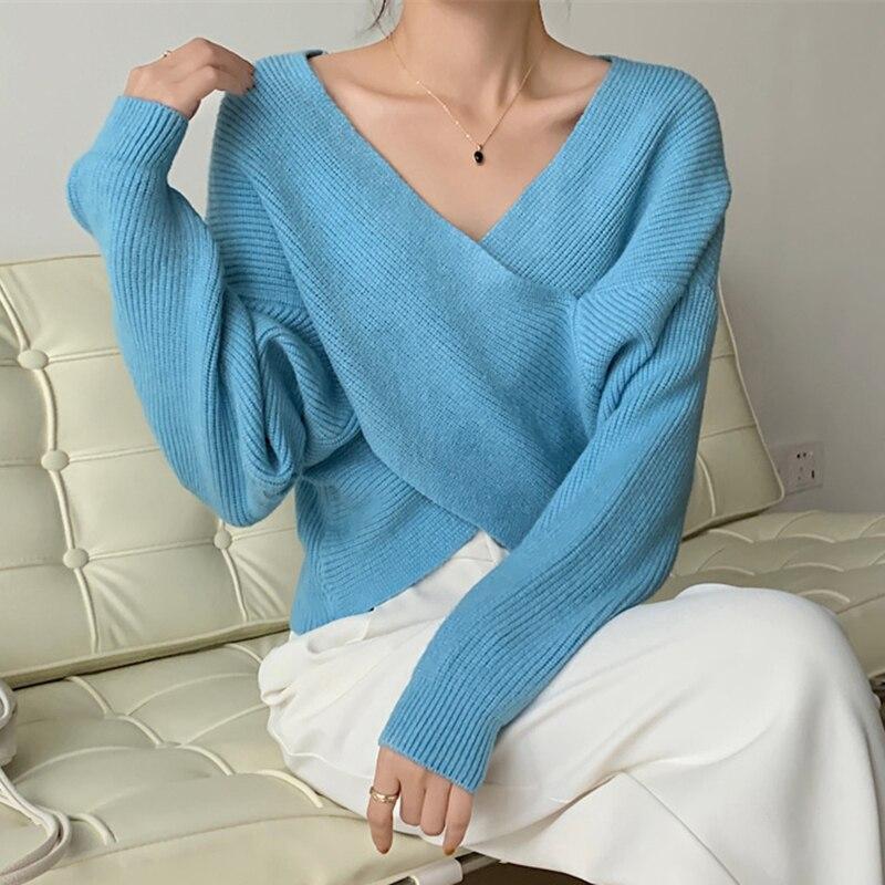 Autumn Loose V-Neck Women Knitted Sweater Vintage Office Lady Pullovers Sweaters Ladies Winter Korean Irregular Knitwears 28576