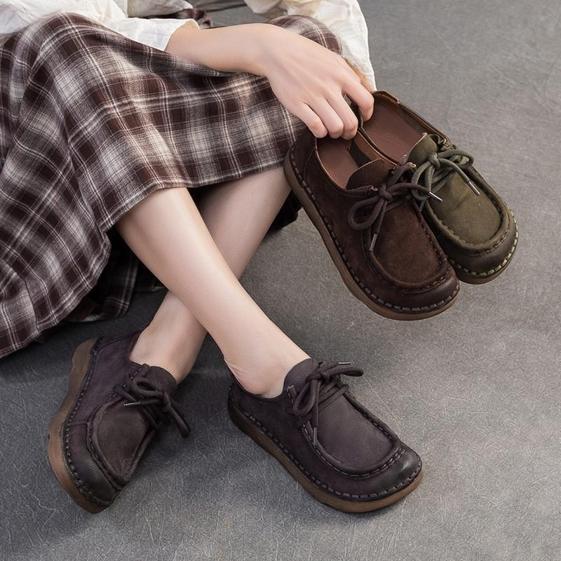 Johnature Echte Leder Ballerinas Bequem Vielseitig Schnürschuhe Pendeln Retro Weichbesohlte Damenschuhe