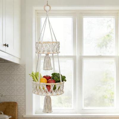 Tiered Boho Cotton Basket Fruit Hanger Rope Woven Hanging Fruit Basket Braided Plant Pot Basket
