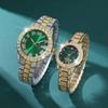 2 Pcs/Set Couple's Watch Set Luxury Rhinestone Set Quartz Watch Analog Elegant Green Dial Watch Ideal for Men and Women